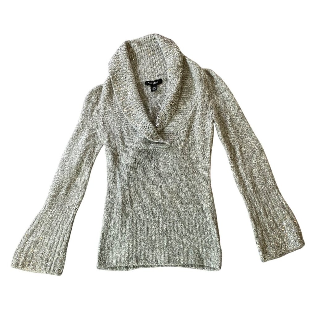 White House Black Market Gray Cowl Neck Sweater Bell Sleeves Sequin Accents XS